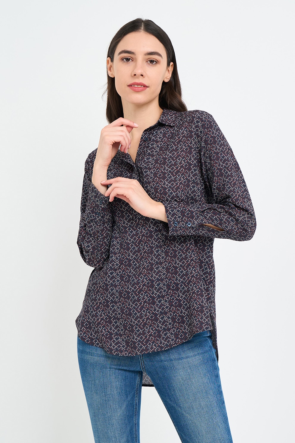 Lee Cooper, Camasa cu model si terminatie asimetrica, Alb, Albastru ultramarin, Rosu inchis, L