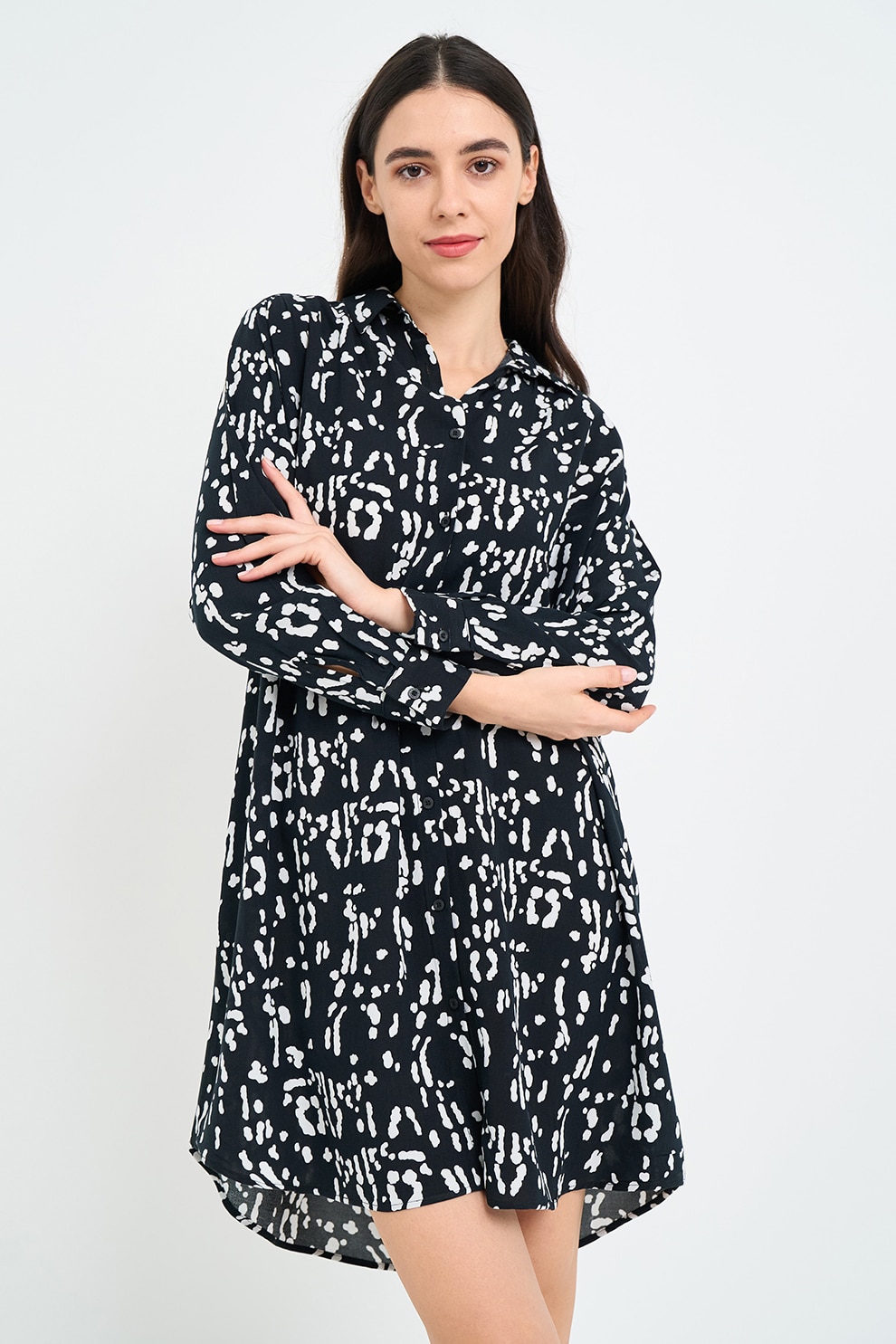KVL by KENVELO, Rochie asimetrica cu model si maneci lungi, Alb, Negru, S