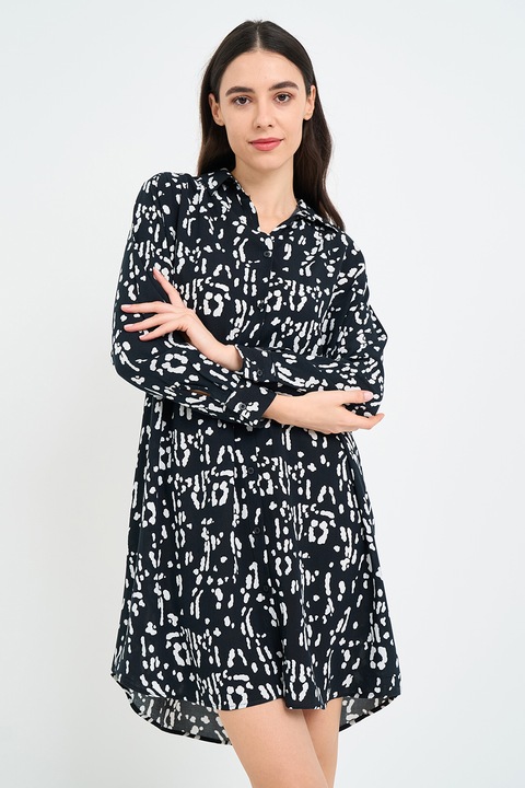 KVL by KENVELO, Rochie asimetrica cu model si maneci lungi, Alb/Negru