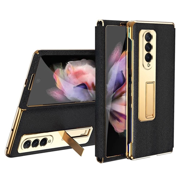 Husa ERBORD pentru Samsung Galaxy Z Fold 4 5G, piele ecologica, cu suport integrat si sticla securizata, negru/auriu