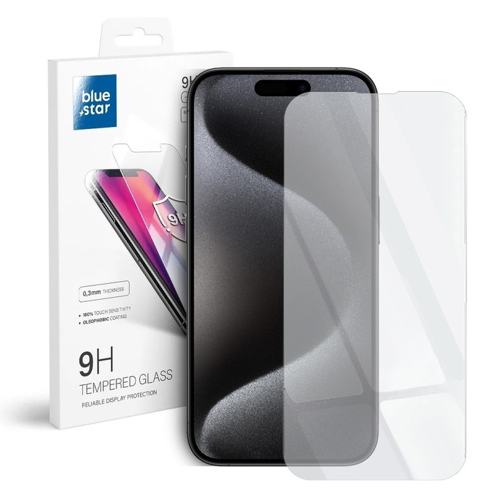 Sticla Hartata 9H Blue Star pentru iPhone 15 Pro Max, 0.3mm, 71x154mm, Set cu accesorii de montaj