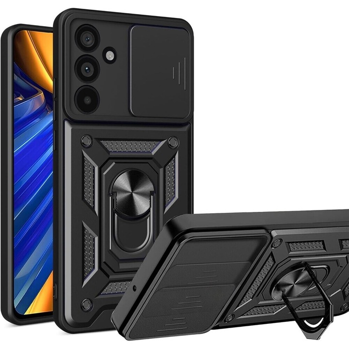 Husa telefon, XGSM pentru Samsung Galaxy M55 5G, CamShield Slide, negru, cu suport integrat si maner magnetic, TPU