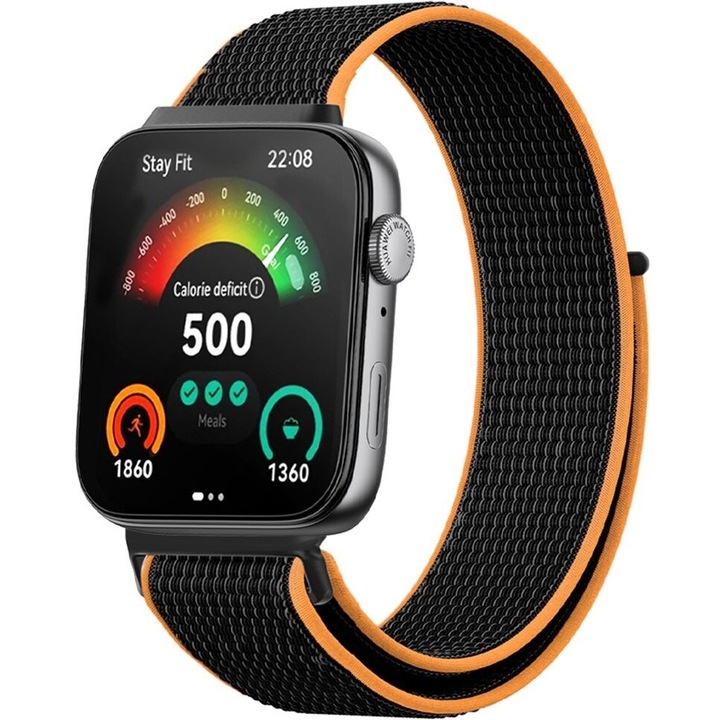 Curea elastica XGSM pentru Huawei Watch Fit 3, nylon, design sportiv, negru/portocaliu, reglabila