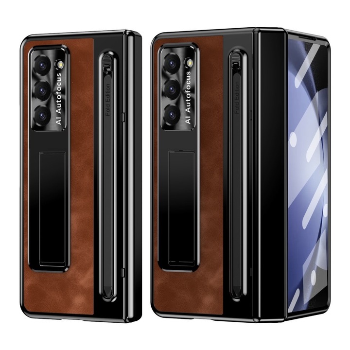 Husa din piele XGSM cu suport, sticla si stylus pentru Samsung Galaxy Z Fold6 5G, maro