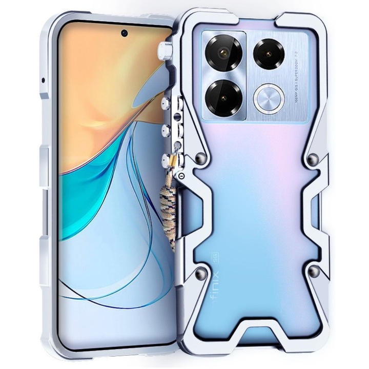 Husa telefon XGSM pentru Infinix Note 40 Pro, bumper din aliaj de aluminiu, argintie, protectie completa, rezistenta la socuri