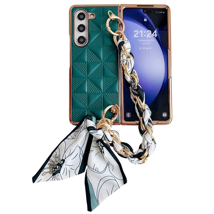Etui pentru Samsung Galaxy Z Fold6 5G, XGSM, piele ecologica, verde, cu suport pentru incheietura mainii