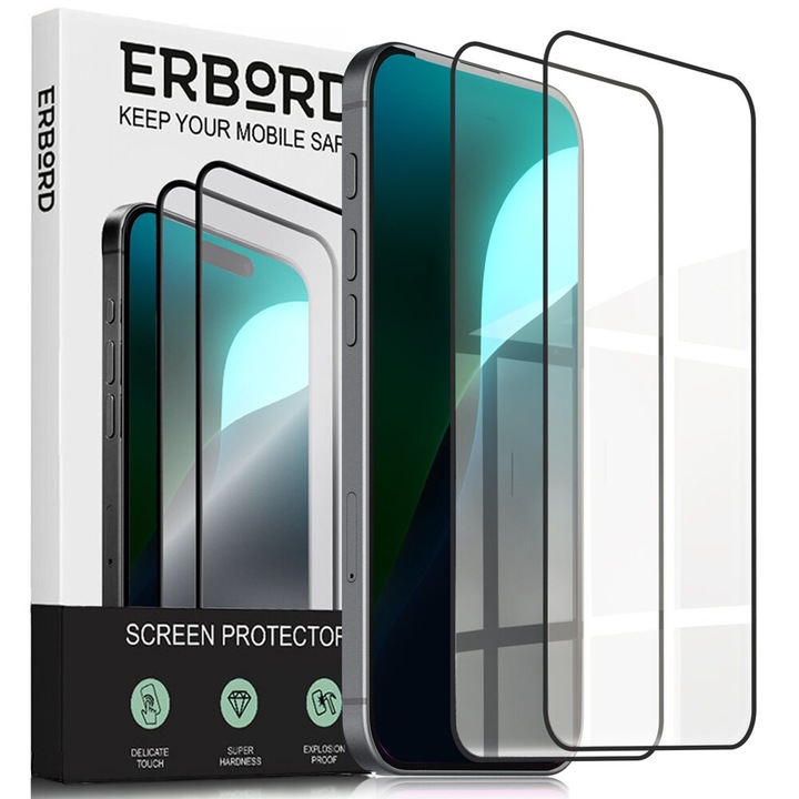 Set 2x Folii de protectie din sticla pentru iPhone 16 Pro, ERBORD 3D, transparent, montaj simplu