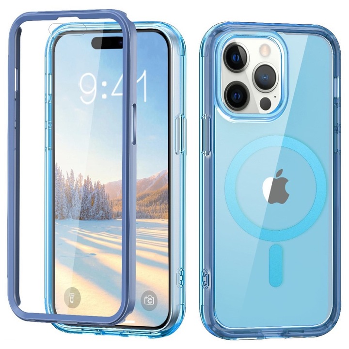 Hus atelefon, pentru, iPhone 16 Pro, ERBORD, Shockproof Hybrid, cu folie pe ecran, albastru