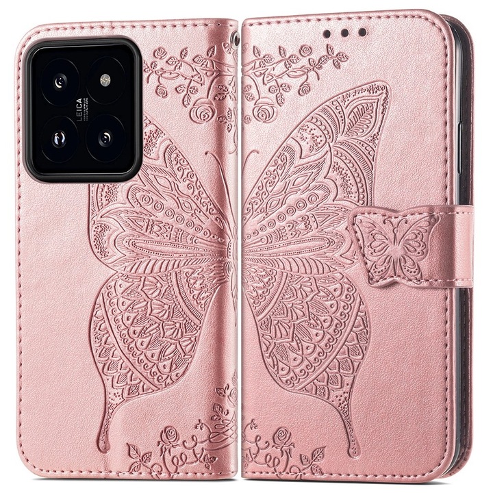 Etui pentru telefon XGSM, Butterfly, roz gold, functie stand, piele sintetica, pentru Xiaomi 14T Pro