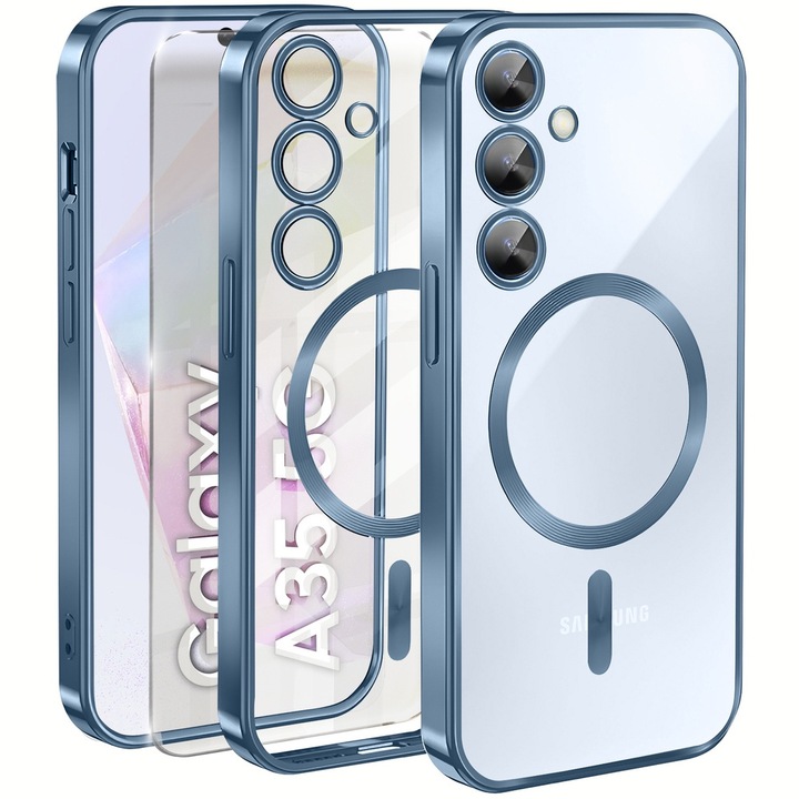 Set husa si folie din sticla pentru Samsung Galaxy A35 5G, Erbord Electro MagSafe, TPU, albastru