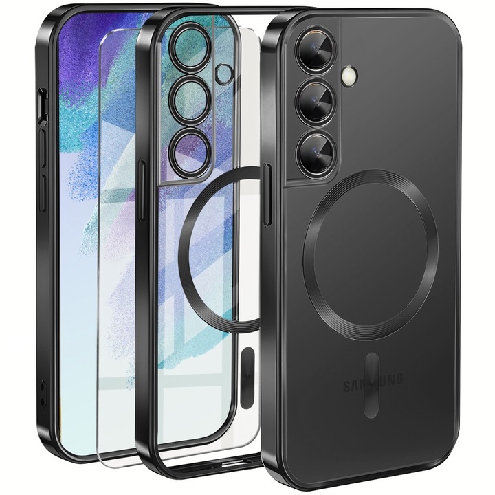 Husa pentru Samsung Galaxy S21 FE, ERBORD, Electro MagSafe, neagra + Sticla de protectie 0.3mm