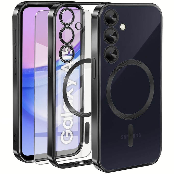 Husa si folie protectie telefon, ERBORD, TPU / Sticla, Pentru Samsung Galaxy A15 4G/5G, Magsafe, Negru