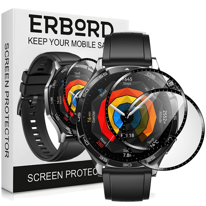 Set de 2 folii de protectie pentru Huawei Watch GT 5, ERDBORD, 46mm, sticla hibrid, transparent/negru