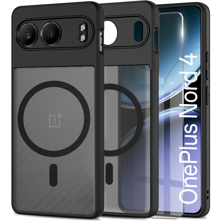 Husa pentru OnePlus Nord 4, ERBORD, MagSafe, negru, set cu sticla de protectie, Transparent/negru