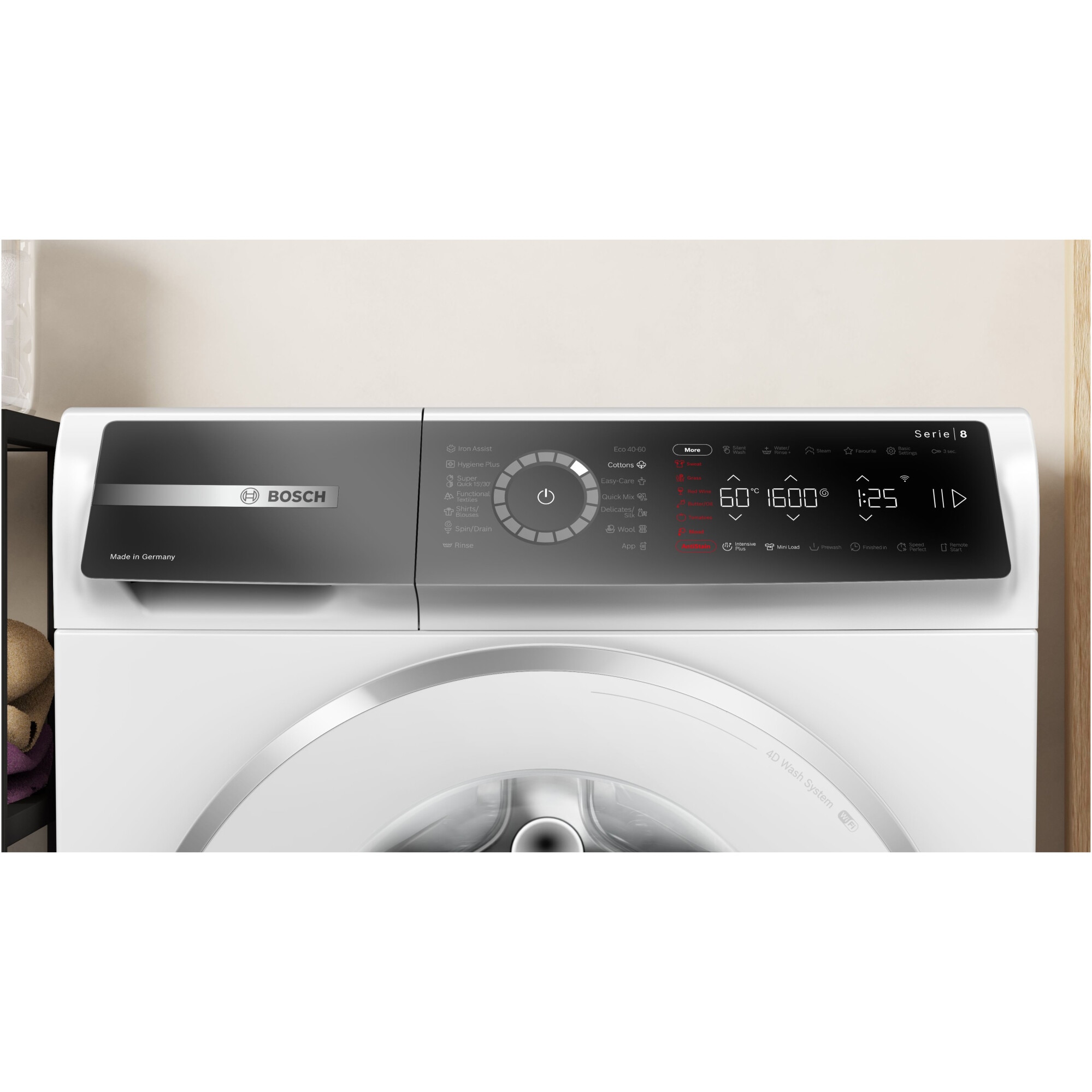 Masina de spalat rufe Bosch Seria 8 WGB25692BY, 10 kg, 1600 RPM, EcoSilence Drive, Iron Assist, Home Connect, Touch control, Iluminare interioara, Clasa A, 60 cm, Alb