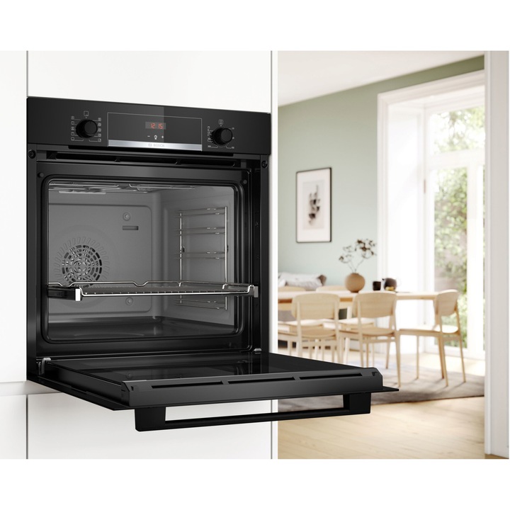 Cuptor incorporabil Bosch HBA554EB3, 71 L, Electric, Multifunctional, Grill, 7 functii, Suport telescopic, Autocuratare EcoClean + hidrolitica, Clasa A+, Negru