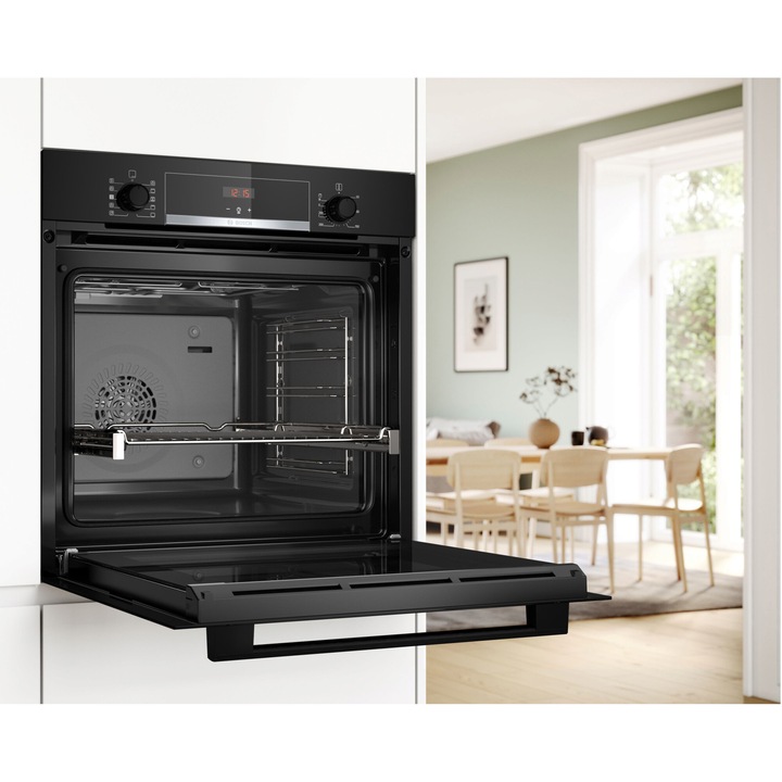 Cuptor incorporabil Bosch HQA534BB3, 71 L, Electric, Multifunctional, Added Steam, Grill, 8 functii, Autocuratare EcoClean + hidrolitica, 3D Hotair, Clasa A+, Negru