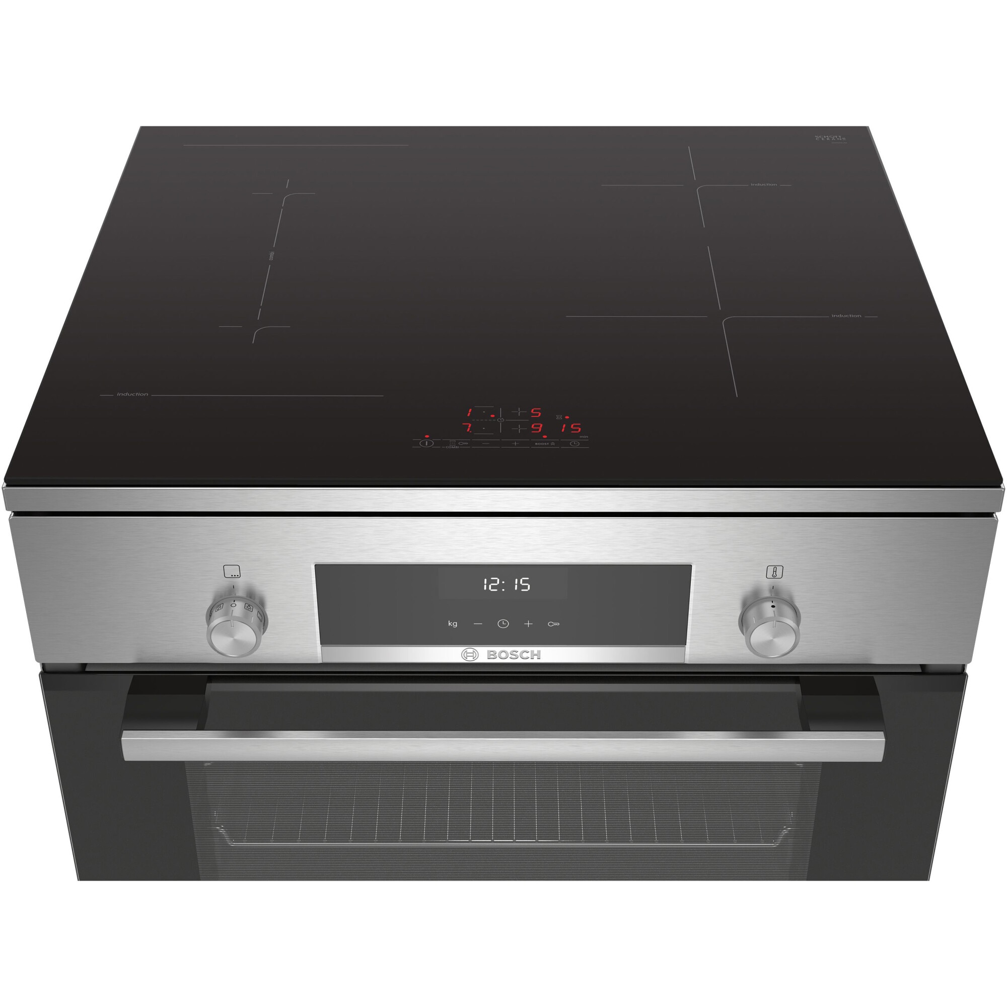 Aragaz Bosch HLS59D351, Electric, Plita inductie, 4 zone gatit , Control electronic, Cuptor electric, 66 L, Grill, Autocuratare EcolClean + hidrolitica, 3D Hotair, 2 suporti telescopici, sertar depozitare, Timer, 60 cm, Inox