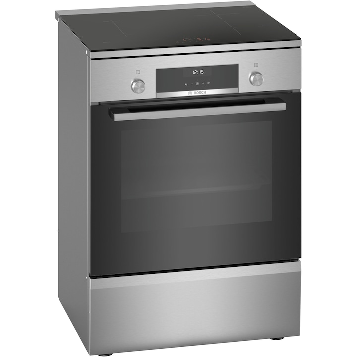 Готварска печка Bosch HLS59D351, Електрически, Индукционен котлон, 4 зони за готвене, Електронно управление, Електрическа фурна, 66 л, Грил, EcolClean + Хидролитично самопочистване, 3D Hotair, 2 телескопични опори, Таймер, 60 см, Inox