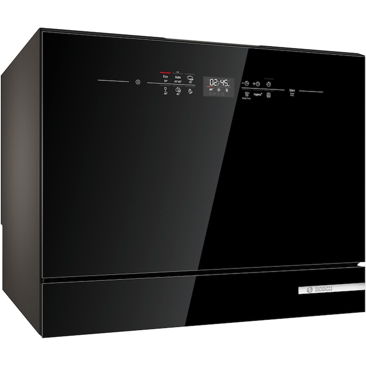Съдомиялна Bosch SKS6ITB00E, 6 комплекта, 6 програми, ExtraDry, EcoSilence Drive, Сензорно управление, Клас Е, 45 см, Черно стъкло