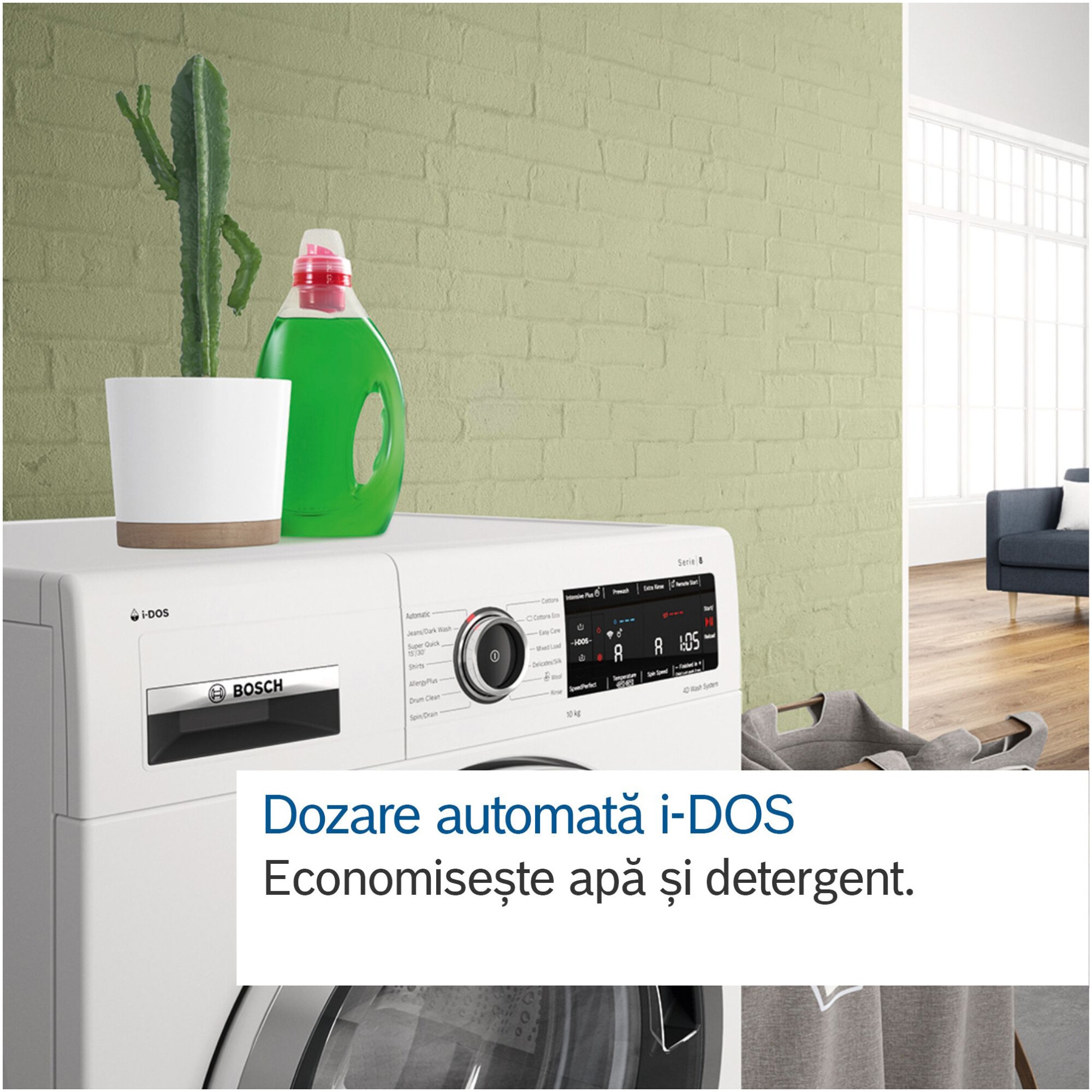 Masina de spalat rufe Bosch Seria 8 WGB244A2BY, 9 kg, 1400 RPM, I-DOS, Touch control, Iron Assist, Home Connect, Added Steam, Iluminare interioara, EcoSilence Drive, Anti Stain, Clasa A, 60 cm, Alb