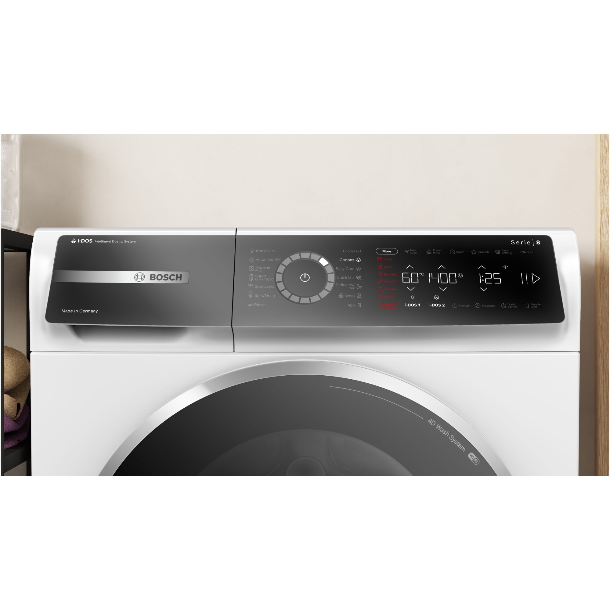 Masina de spalat rufe Bosch Seria 8 WGB244A2BY, 9 kg, 1400 RPM, I-DOS, Touch control, Iron Assist, Home Connect, Added Steam, Iluminare interioara, EcoSilence Drive, Anti Stain, Clasa A, 60 cm, Alb