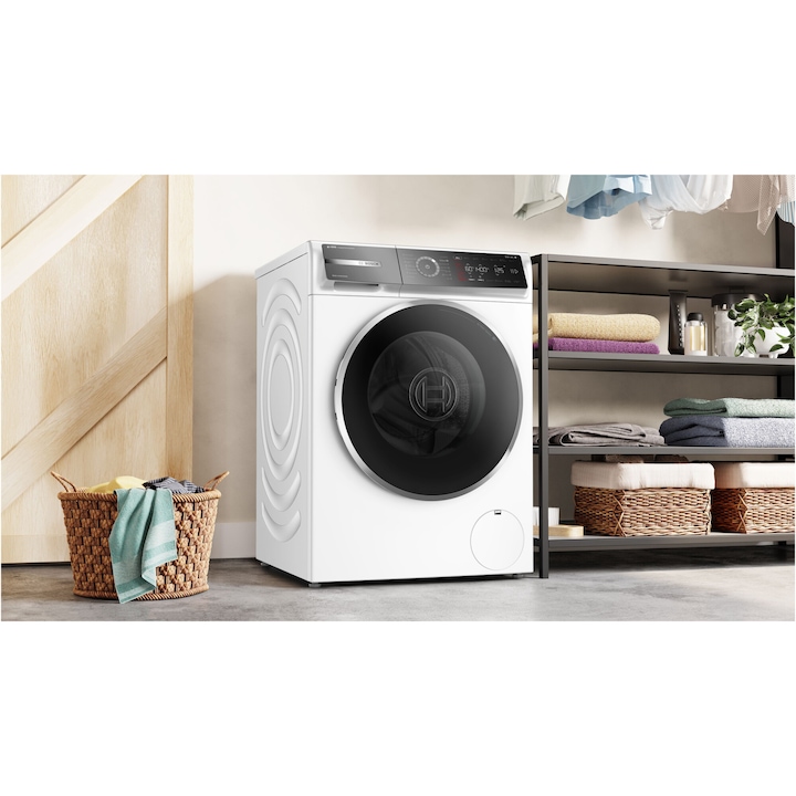 Masina de spalat rufe Bosch Seria 8 WGB244A2BY, 9 kg, 1400 RPM, I-DOS, Touch control, Iron Assist, Home Connect, Added Steam, Iluminare interioara, EcoSilence Drive, Anti Stain, Clasa A, 60 cm, Alb