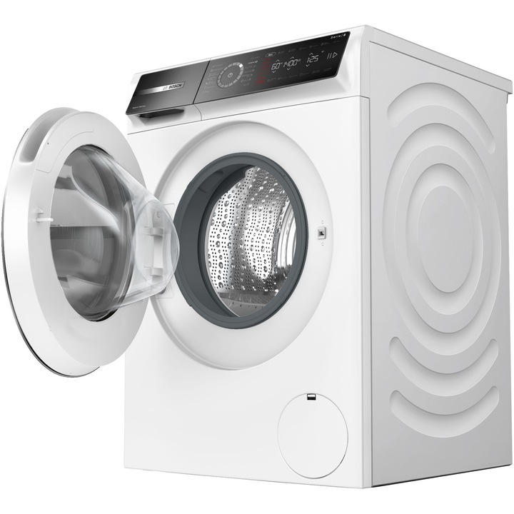 Masina de spalat rufe Bosch Seria 8 WGB25402BY, 10 kg, 1400 RPM, Touch control, Iron Assist, Home Connect, Iluminare interioara, Anti Stain, Added Steam, EcoSilence Drive, Clasa A, 60 cm, Alb