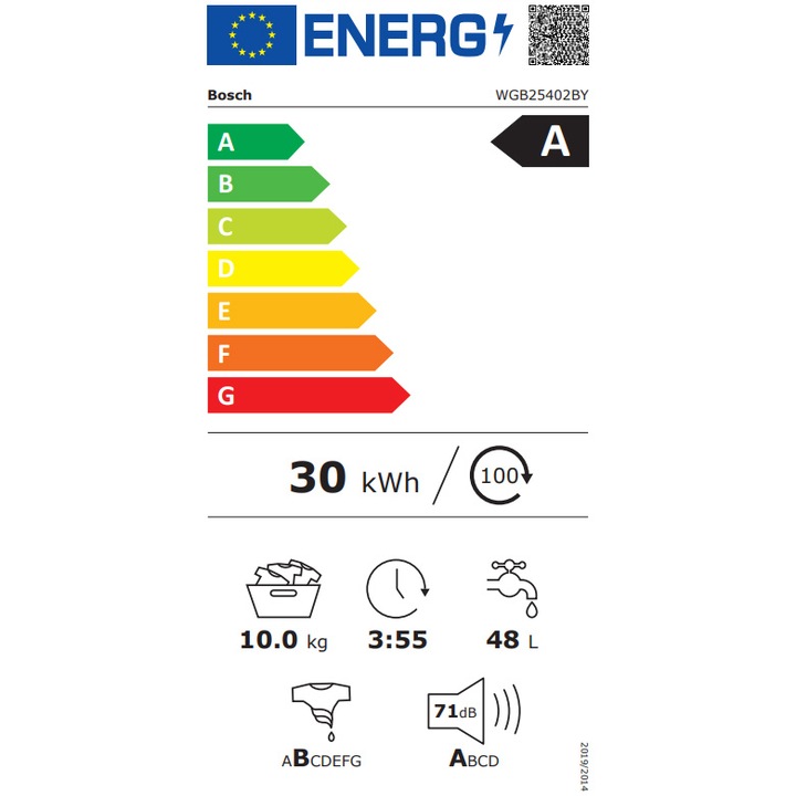 Masina de spalat rufe Bosch Seria 8 WGB25402BY, 10 kg, 1400 RPM, Touch control, Iron Assist, Home Connect, Iluminare interioara, Anti Stain, Added Steam, EcoSilence Drive, Clasa A, 60 cm, Alb