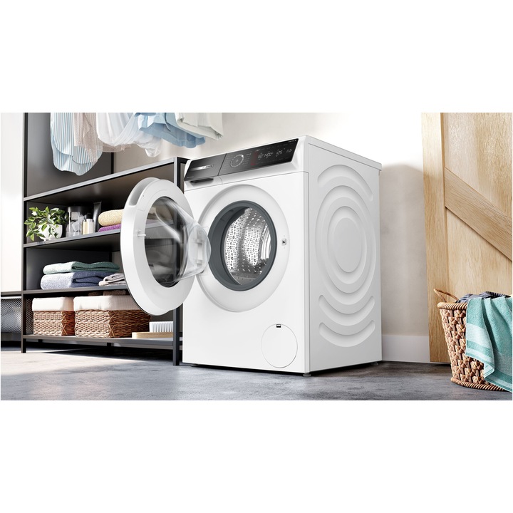 Masina de spalat rufe Bosch Seria 8 WGB25402BY, 10 kg, 1400 RPM, Touch control, Iron Assist, Home Connect, Iluminare interioara, Anti Stain, Added Steam, EcoSilence Drive, Clasa A, 60 cm, Alb