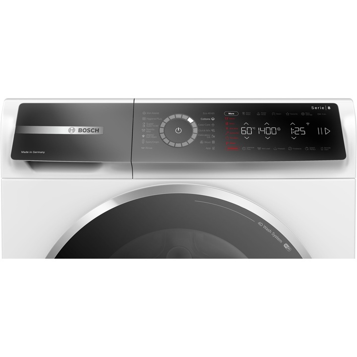 Masina de spalat rufe Bosch Seria 8 WGB25402BY, 10 kg, 1400 RPM, Touch control, Iron Assist, Home Connect, Iluminare interioara, Anti Stain, Added Steam, EcoSilence Drive, Clasa A, 60 cm, Alb