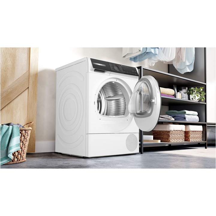 Uscator de rufe Bosch WQH245B6BY, Pompa de caldura, 9 kg, 15 programe, Home Connect, AutoDry Technology, Smart Dry, Condensator cu autocuratare, Touch control, Iluminare interioara, Clasa A+++, Alb