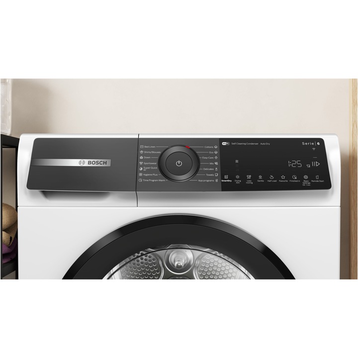 Uscator de rufe Bosch WQH245B6BY, Pompa de caldura, 9 kg, 15 programe, Home Connect, AutoDry Technology, Smart Dry, Condensator cu autocuratare, Touch control, Iluminare interioara, Clasa A+++, Alb