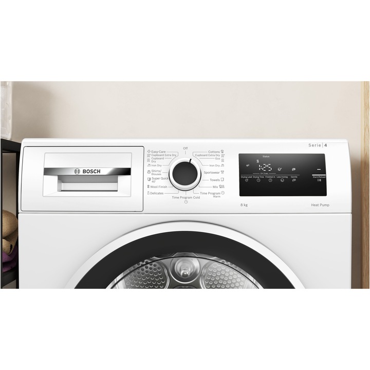 Uscator de rufe Bosch WTH83256BY, Pompa de caldura, 8 kg, 15 programe, Anti-sifonare, AutoDry Technology, EasyClean condenser, Clasa E, Alb