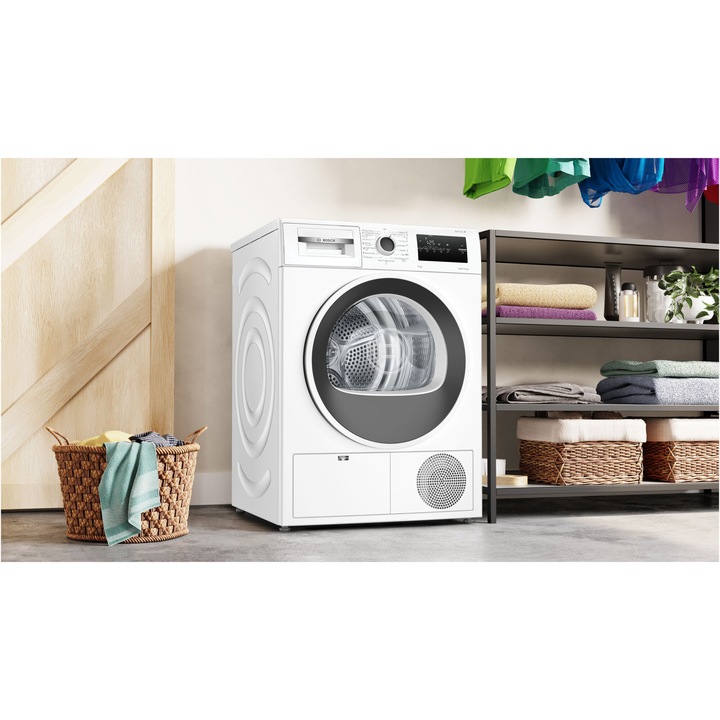 Uscator de rufe Bosch WTH83256BY, Pompa de caldura, 8 kg, 15 programe, Anti-sifonare, AutoDry Technology, EasyClean condenser, Clasa E, Alb