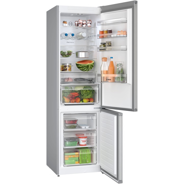 Combina frigorifica Bosch KGN397LDF, 363 L, NoFrost, VitaFresh, Touch control, PerfectFit, raft sticle, Clasa D, H 203 cm, Metal Look
