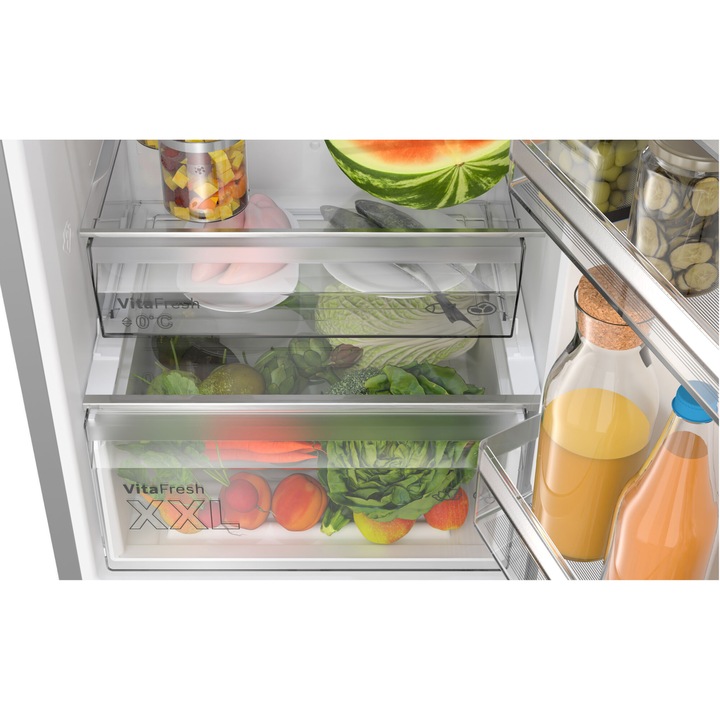 Combina frigorifica Bosch KGN397LDF, 363 L, NoFrost, VitaFresh, Touch control, PerfectFit, raft sticle, Clasa D, H 203 cm, Metal Look
