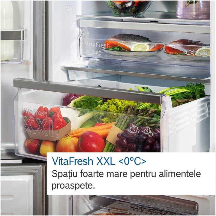 Combina frigorifica Bosch KGN497WDF, 440 L, NoFrost, VitaFresh, Touch control, Raft sticle, PerfectFit, Clasa D, H 203 cm, Alb