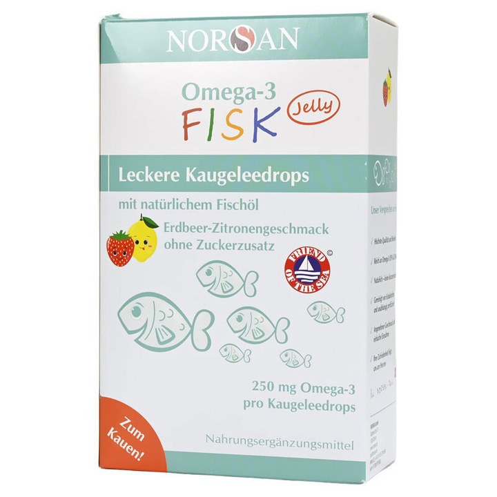 Set 45 jeleuri Omega-3 pentru copii, NORSAN, gust fructe, fara zahar, 250 mg