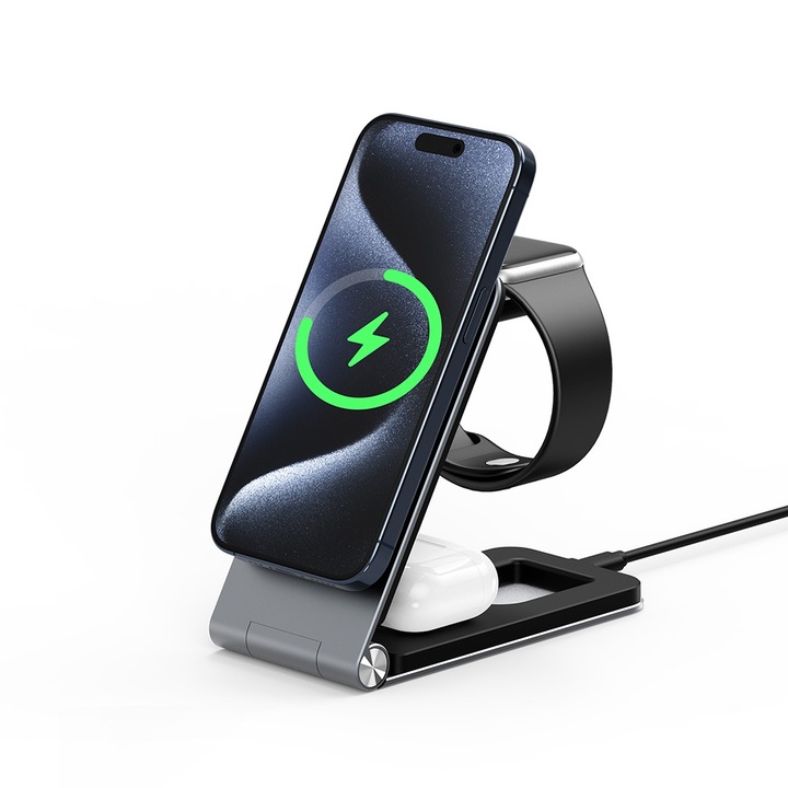 Зарядна станция за телефон, Apple Watch, AirPods, 15W - Duzzona (W22) - сив