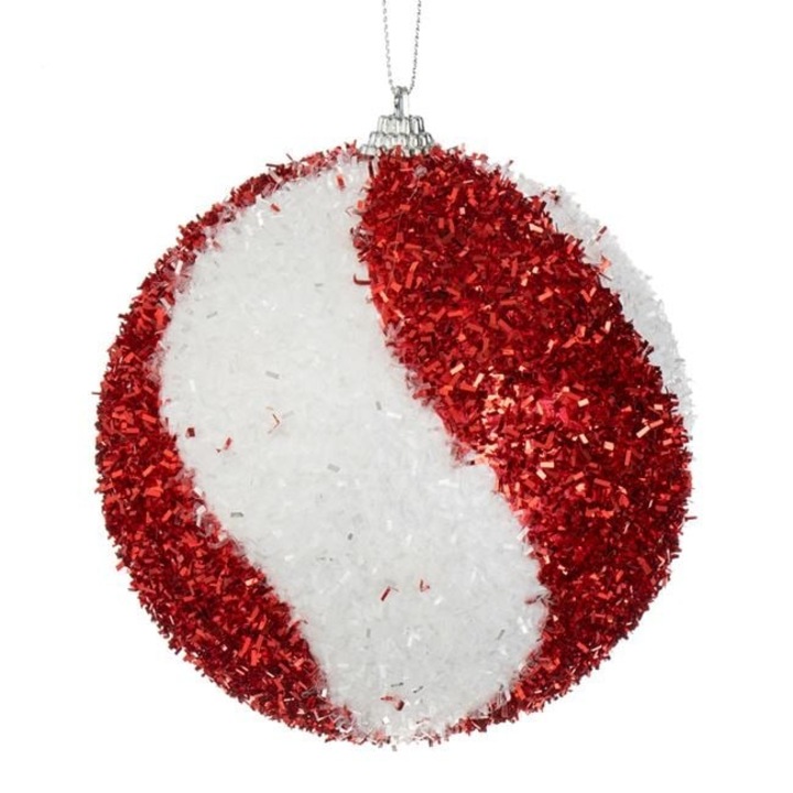 Ornament brad Craciun Antbro® glob din spuma cu tinsel rosu cu dungi in forma de candy, 15cm