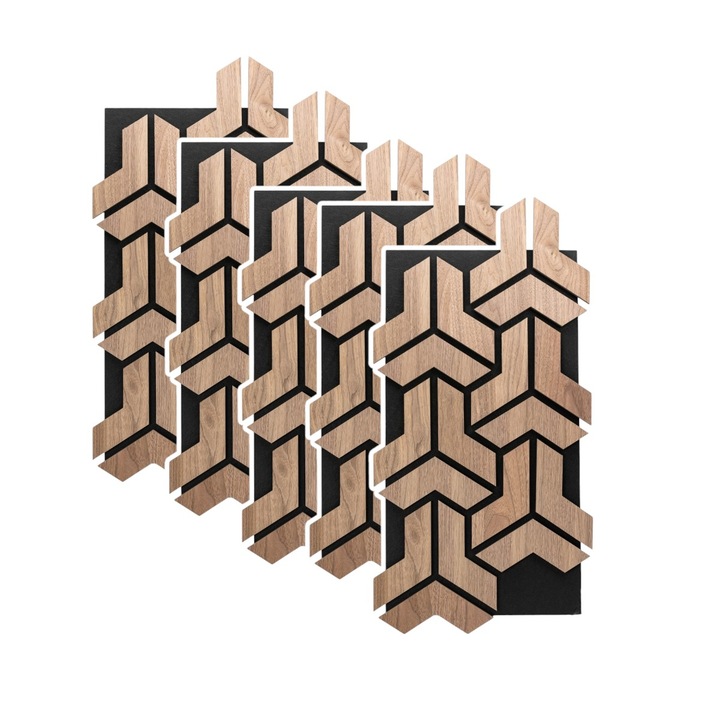 Set 5 Panouri riflaje acustice decorative, HDF si pasla, Naimeed D6760, 90x45x1.8cm, Stejar