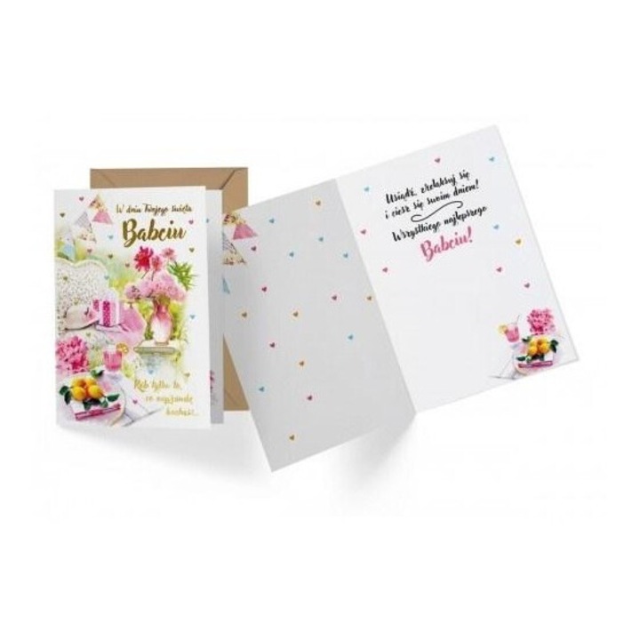 Karnet Felicitare PR-376 Babcia, Kukartka, 16.6x11.7cm, cu decoratiuni metalice si perlate, set cu plic