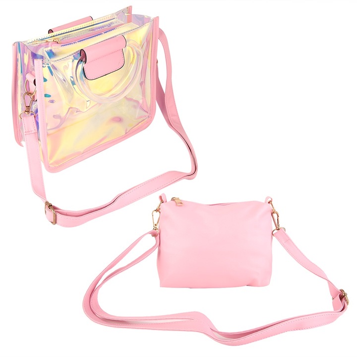 2 darabos Jormftte női táska szett, hologramos válltáska, strandtáska, négyzet alakú, többszínű, nagy méret