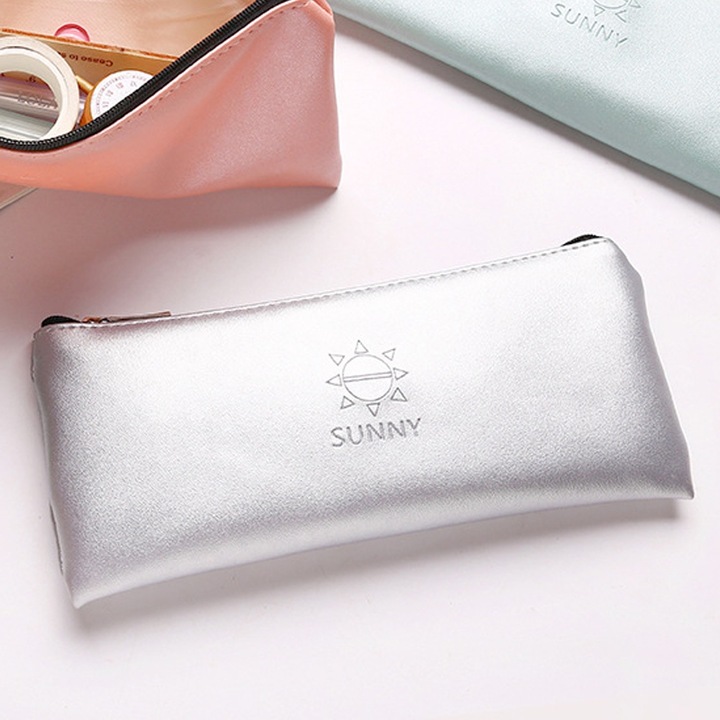 Tollartartó, PU bőr, cipzáras, nagy kapacitású, ezüst, kompakt méretek