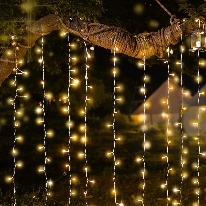 Jormftte dekoratív LED fényfüzér, meleg fehér, 3x3m, 300 égő, zenevezérléssel, 8 funkcióval, beltéri