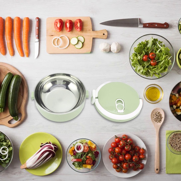 Cutie alimentara Longziming din otel inoxidabil, cu inel de etansare din silicon, design ergonomic, verde inchis