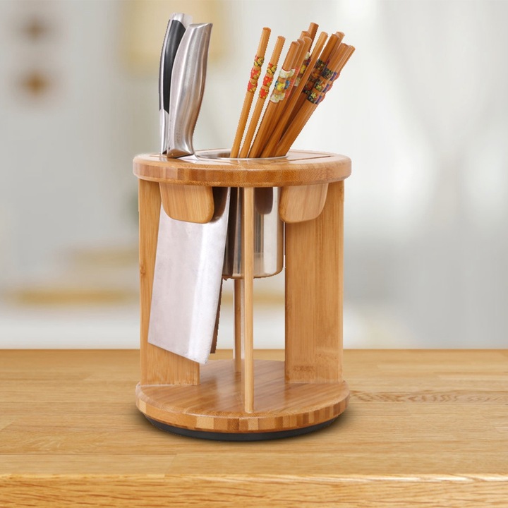 Többfunkciós forgó bambusz késtartó