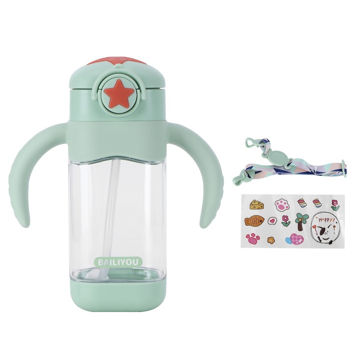 Jormftte boroszilikát üvegpohár, 400ml, fedővel és szívószállal, zöld, 16.5x13.5cm