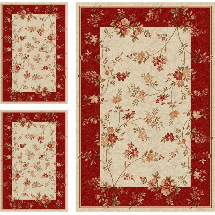 Delta Carpet Lotos Szőnyeg szett, 551-120, 2 x 60 x 110 cm, 1 x 160 x 230 cm, 3 db, Krém / Piros